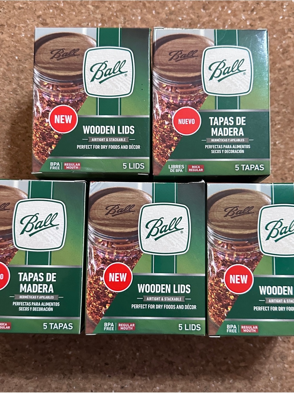 Lot of 5 Ball Wooden Lids Regular Mouth Mason Jar Lids Acacia Wood NEW